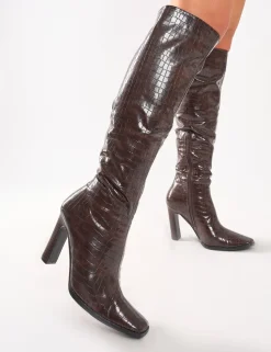 Discount Acquilla Croc Knee High Flared Heel Boots Heeled Boots | Knee High Boots