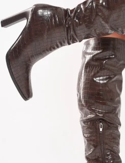 Discount Acquilla Croc Knee High Flared Heel Boots Heeled Boots | Knee High Boots