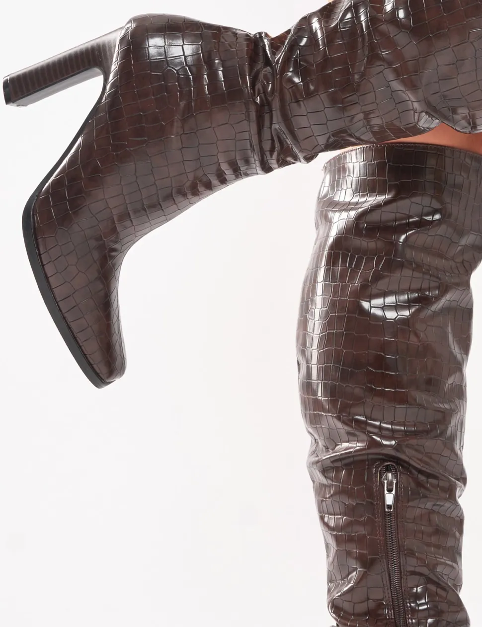 Discount Acquilla Croc Knee High Flared Heel Boots Heeled Boots | Knee High Boots