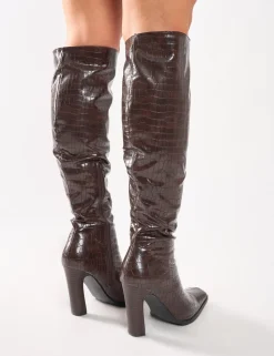 Discount Acquilla Croc Knee High Flared Heel Boots Heeled Boots | Knee High Boots