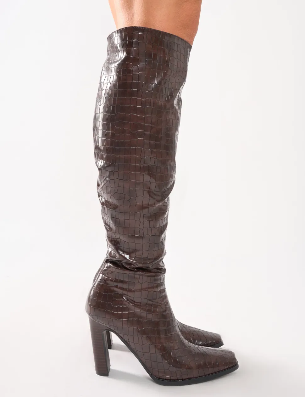 Discount Acquilla Croc Knee High Flared Heel Boots Heeled Boots | Knee High Boots