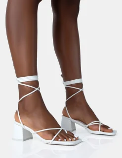 New Aerin PU Lace up Strappy Square Toe Block Mid Heels Strappy Heels | Lace Up Heels