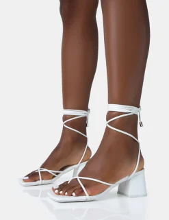 New Aerin PU Lace up Strappy Square Toe Block Mid Heels Strappy Heels | Lace Up Heels