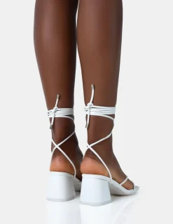 New Aerin PU Lace up Strappy Square Toe Block Mid Heels Strappy Heels | Lace Up Heels
