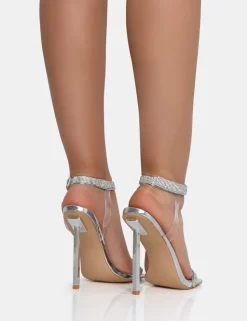 Hot Afterglow PU Barely There Diamante Strap Square Toe Stiletto Heels Barely There Heels | Diamante Heels