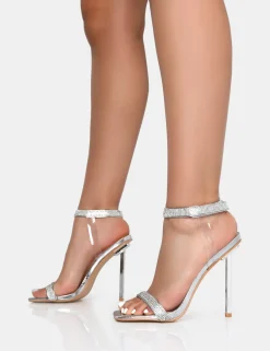 Hot Afterglow PU Barely There Diamante Strap Square Toe Stiletto Heels Barely There Heels | Diamante Heels