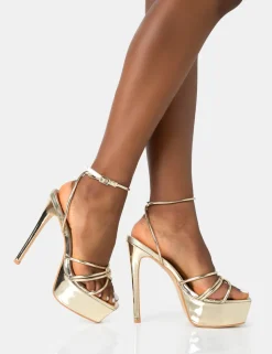 Sale Afterhours Strappy Platform Square Toe Stiletto Heels Gold Heels | Square Toe Heels
