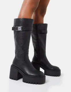 Online Alaska Calf Strap Buckle Knee High Chunky Sole Block Heel Boots Block Heels | Knee High Boots
