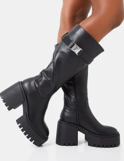 Online Alaska Calf Strap Buckle Knee High Chunky Sole Block Heel Boots Block Heels | Knee High Boots