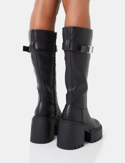 Online Alaska Calf Strap Buckle Knee High Chunky Sole Block Heel Boots Block Heels | Knee High Boots