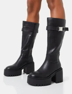Online Alaska Calf Strap Buckle Knee High Chunky Sole Block Heel Boots Block Heels | Knee High Boots