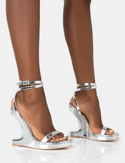 Cheap A-list Mirror Barley There Wrap Around Platform Wedge Heels Barely There Heels | Silver Heels