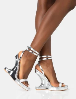 Cheap A-list Mirror Barley There Wrap Around Platform Wedge Heels Barely There Heels | Silver Heels
