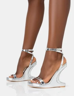 Cheap A-list Mirror Barley There Wrap Around Platform Wedge Heels Barely There Heels | Silver Heels