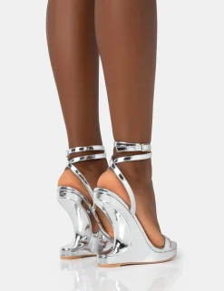 Cheap A-list Mirror Barley There Wrap Around Platform Wedge Heels Barely There Heels | Silver Heels