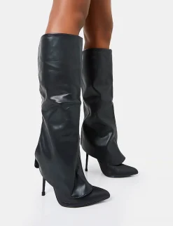Shop All Yours Pu Fold Over Pointed Toe Stiletto Knee High Boots High Heels | Heeled Boots