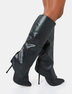 Shop All Yours Pu Fold Over Pointed Toe Stiletto Knee High Boots High Heels | Heeled Boots