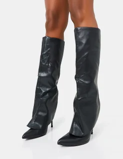 Shop All Yours Pu Fold Over Pointed Toe Stiletto Knee High Boots High Heels | Heeled Boots