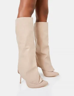 Fashion All Yours Nude Pu Fold Over Pointed Toe Stiletto Knee High Boots High Heels | Heeled Boots