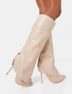 Fashion All Yours Nude Pu Fold Over Pointed Toe Stiletto Knee High Boots High Heels | Heeled Boots