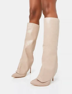 Fashion All Yours Nude Pu Fold Over Pointed Toe Stiletto Knee High Boots High Heels | Heeled Boots