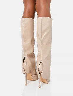 Fashion All Yours Nude Pu Fold Over Pointed Toe Stiletto Knee High Boots High Heels | Heeled Boots