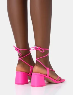 Best Sale Aloha Neon PU Lace Up Block Mid Heeled Sandals Block Heels