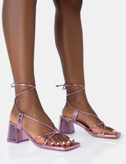 Shop Aloha Metallic Lace Up Block Mid Heeled Sandals Pink Heels | Block Heels