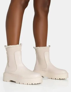 Online Alpine Cream Pu Faux Fur Trim Elasticated Ankle Chunky Ankle Boots Chunky Boots | Ankle Boots