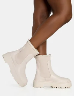 Online Alpine Cream Pu Faux Fur Trim Elasticated Ankle Chunky Ankle Boots Chunky Boots | Ankle Boots