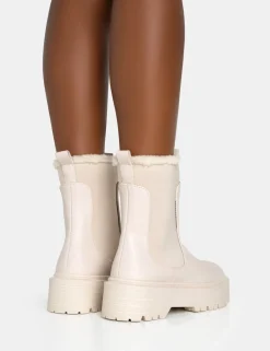 Online Alpine Cream Pu Faux Fur Trim Elasticated Ankle Chunky Ankle Boots Chunky Boots | Ankle Boots