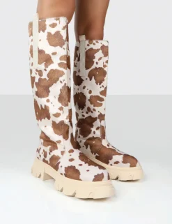 Best Sale Amber x Genius Cow Print Knee High Chunky Sole Boot Long Boots | Knee High Boots