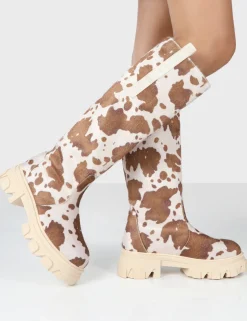 Best Sale Amber x Genius Cow Print Knee High Chunky Sole Boot Long Boots | Knee High Boots
