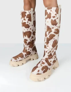Best Sale Amber x Genius Cow Print Knee High Chunky Sole Boot Long Boots | Knee High Boots