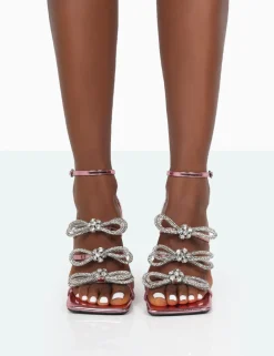 Store Amelia Mirror Sparkly Diamante Strappy Bow Stiletto High Heels Bow Heels | Diamante Heels