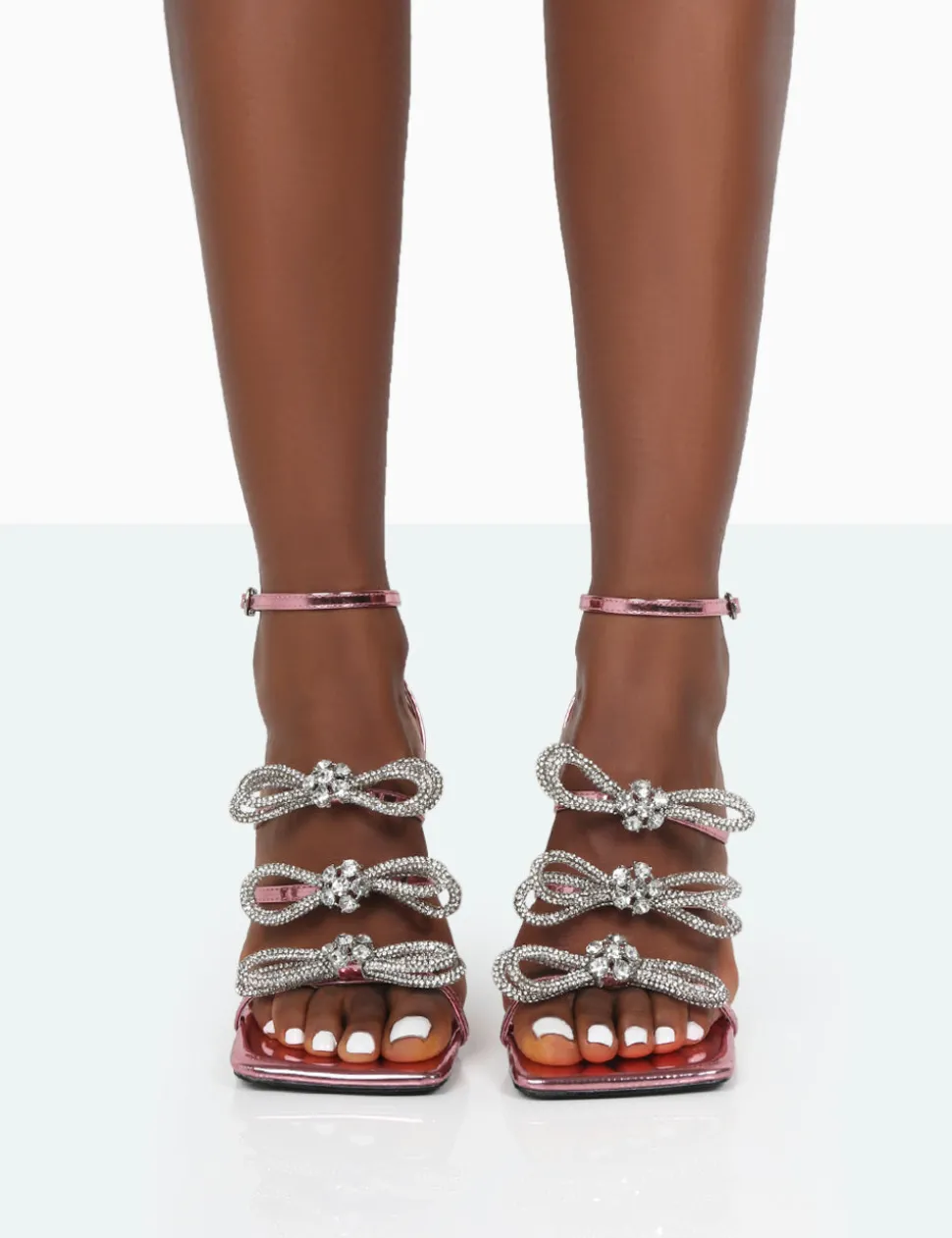 Store Amelia Mirror Sparkly Diamante Strappy Bow Stiletto High Heels Bow Heels | Diamante Heels