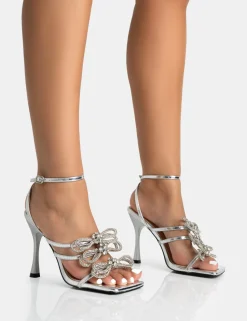 Store Amelia Mirror Sparkly Diamante Strappy Bow Stiletto High Heels Bow Heels | Diamante Heels