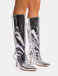 New Amped Mirror Pointed Toe Mid Heel Knee High Boots Mid Heels | Mid Heels