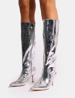New Amped Mirror Pointed Toe Mid Heel Knee High Boots Mid Heels | Mid Heels