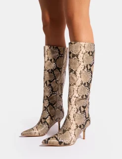 Store Amped Snake Pointed Toe Mid Heel Knee High Boots Mid Heels | Mid Heels