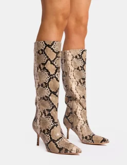 Store Amped Snake Pointed Toe Mid Heel Knee High Boots Mid Heels | Mid Heels