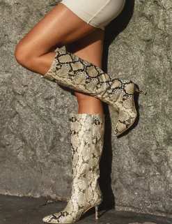 Store Amped Snake Pointed Toe Mid Heel Knee High Boots Mid Heels | Mid Heels