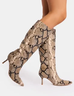 Store Amped Snake Pointed Toe Mid Heel Knee High Boots Mid Heels | Mid Heels