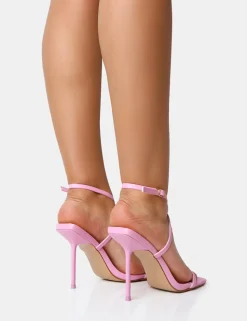 Clearance Amy Baby Strappy Barely There Square Toe Stiletto Heels Barely There Heels | Pink Heels