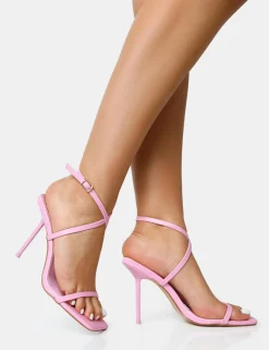 Clearance Amy Baby Strappy Barely There Square Toe Stiletto Heels Barely There Heels | Pink Heels