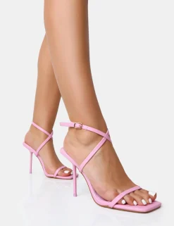 Clearance Amy Baby Strappy Barely There Square Toe Stiletto Heels Barely There Heels | Pink Heels