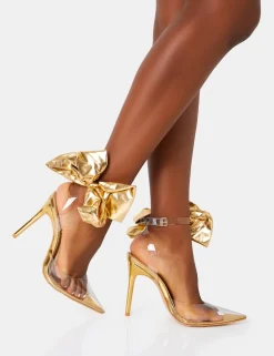 Best Aphrodite Bow Perspex Court Stiletto Heel Court Heels | Gold Heels