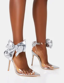 Fashion Aphrodite Bow Perspex Court Stiletto Heel Court Heels | Silver Heels
