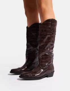 Hot Apollo Croc Wide Fit Flat Western Knee High Boots Western Boots | Ankle Boots