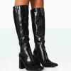 Flash Sale Apology Black Patent Croc Knee High Block Heel Boots Heeled Boots | Knee High Boots
